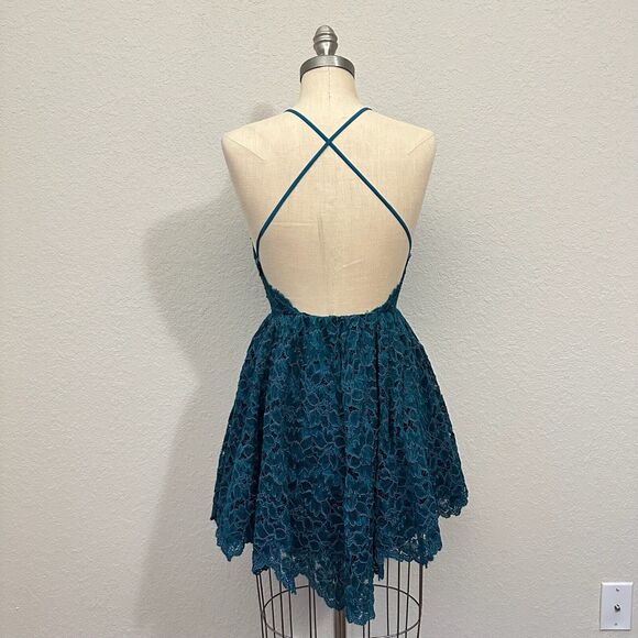 NWOT NBD REVOLVE Strappy Crossback Lace Mini Dress Fit & Flare Bluish Green - Picture 7 of 13